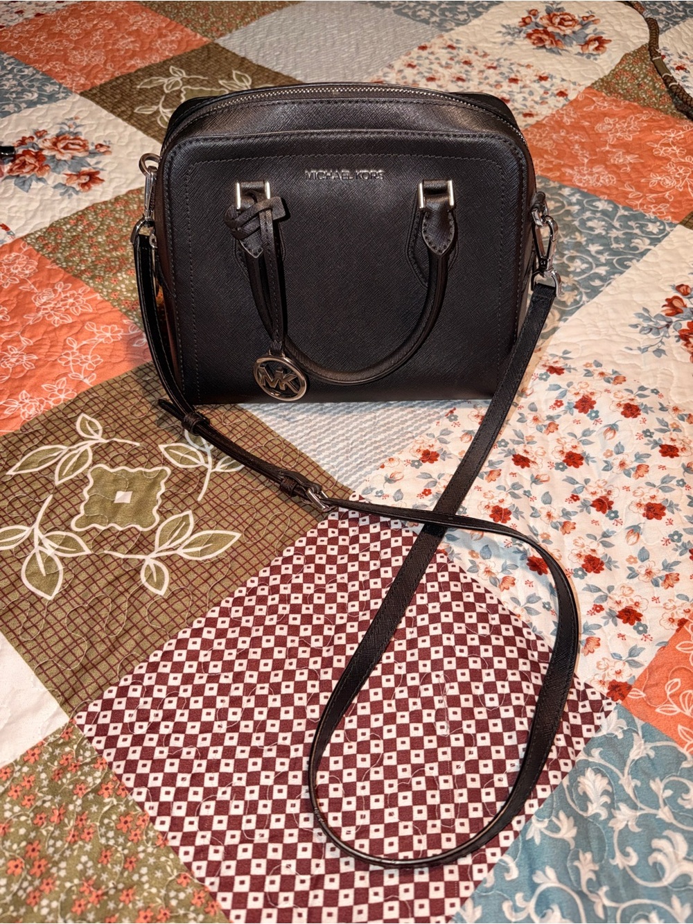 Michael Kors Black Saffiano Leather Satchel Crossbody Bag Silver Hardware